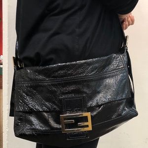 Fendi Maxi Baguette Black Patent Messenger Bag